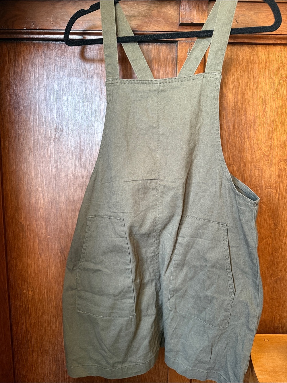 Tinseltown Olive Green Cotton Overall Dress with Pockets